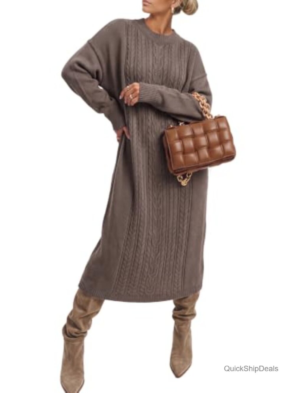 Oversized Wool Blend Cable Knit Midi Sweater Dress Crew Neck